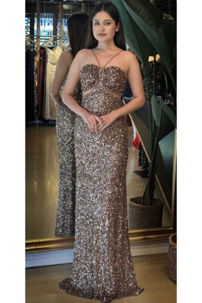 Abiyeniall Bakır Renk İp Askılı Düz Kesim Payet Uzun Abiye Elbise 7702