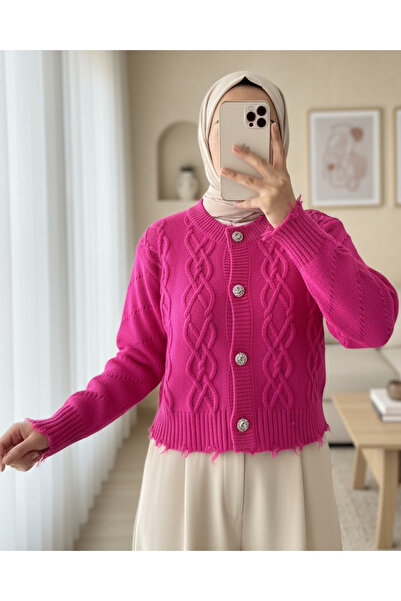 Modamorfo Kőgombos, szakadt kivágású kardigán - fukszia