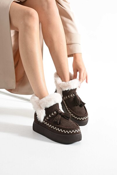 stato 219851142-10P Kadın Yumuşak Rahat Kürklü Bot - Tekstil Süet Kışlık Kahv...