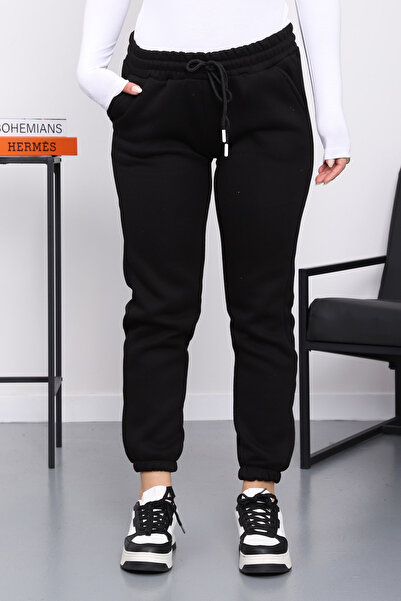 İmajButik Μαύρο παντελόνι αθλητικής φόρμας Three Thread Ş επένδυση fleece