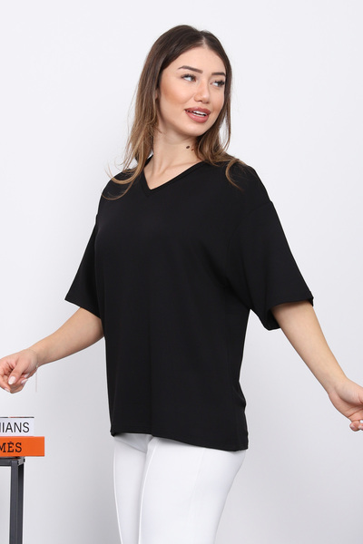 İmajButik Black V-Neck Short Sleeve T-Shirt
