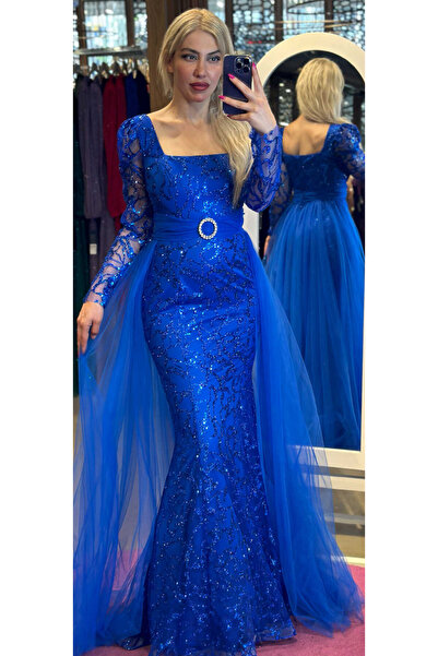 Abiyeniall Saks Uzun Kollu Düz Kesim Simli Uzun Abiye Elbise 7363