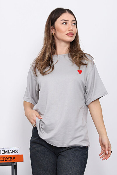 İmajButik Gray Embroidered Short Sleeve Modal T-Shirt