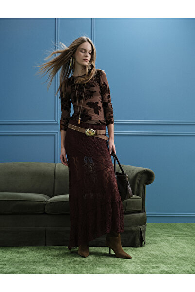 Koton Semi-Transparent Asymmetrical Cut Midi Lace Skirt