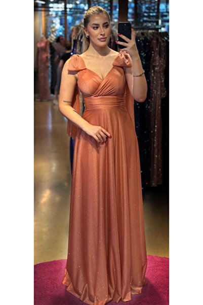 Abiyeniall Bakır  Kalın Askı Kloş Etekli Simli Kumaş Uzun Abiye Elbise 7557