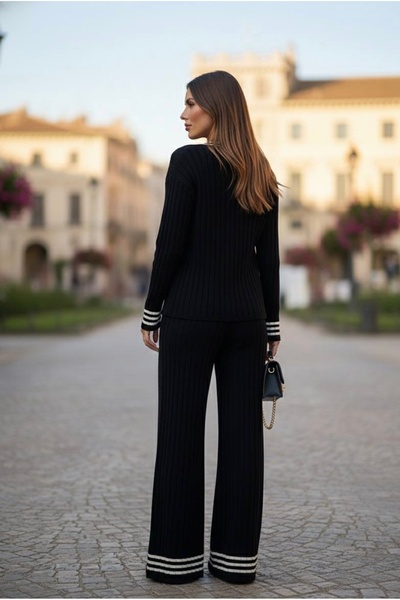 YusGos Women's Striped Knitwear Cardigan Pants College Bottom Top Set