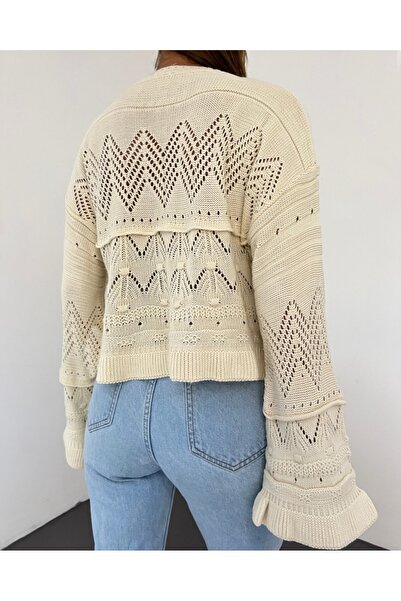 Modamorfo Ажурний светр з довгими рукавами та помпонами - Екрю