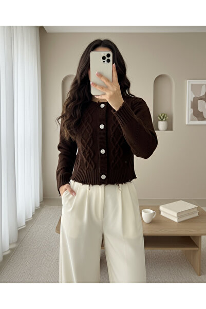 Modamorfo Stone Buttoned Ripped Cropped Cardigan - Brown