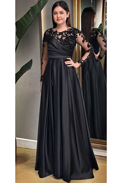 Abiyeniall Siyah Uzun Kollu Dantel Detaylı Kloş Etekli Saten Uzun Abiye Elbis...