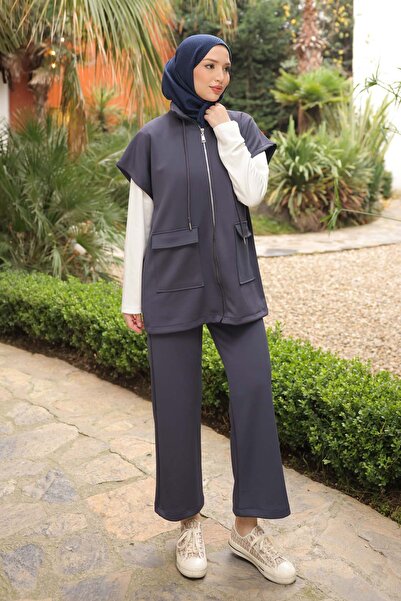 İmajButik Set triplu de vestă de scuba albastru bleumarin cu pantaloni