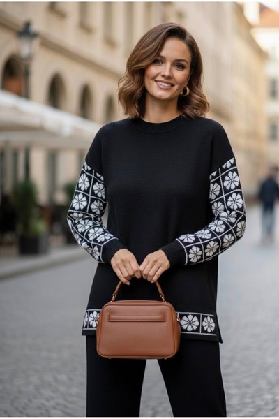 YusGos Women's Clover Patterned Top and Bottom Pants Sweater Knitwear Set