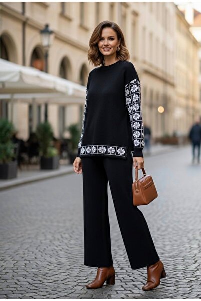 YusGos Women's Clover Patterned Top and Bottom Pants Sweater Knitwear Set