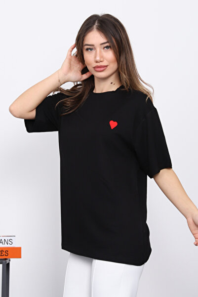 İmajButik Black Embroidered Short Sleeve Modal T-Shirt