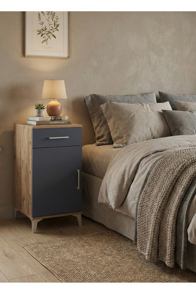 Dienni Kronos Komodin 2 Raflı Tek Çekmeceli Tek Kapaklı 44x59x96 Çam-Antrasit