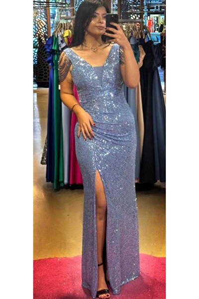 Abiyeniall İndigo Kalın Askı Boncuk İşlemeli Yırtmaçlı Düz Kesim Payet Uzun A...