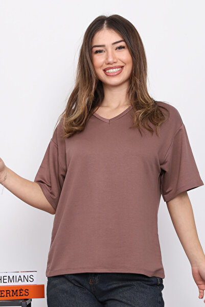 İmajButik Brown V-Neck Short Sleeve T-Shirt