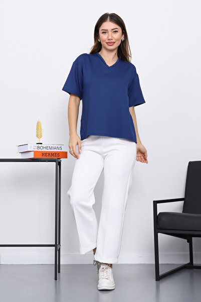 İmajButik Navy Blue V-Neck Short Sleeve T-Shirt