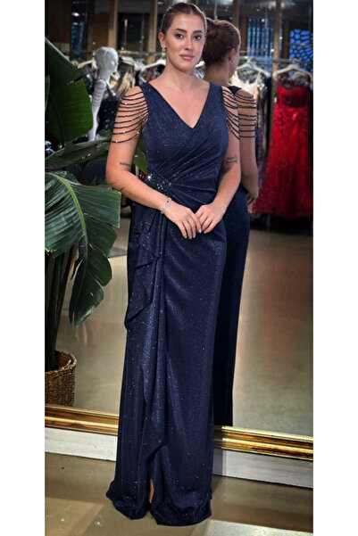 Abiyeniall Lacivert V Yaka Kalın Askı Boncuk İşlemeli Anvelop Yırtmaçlı Düz K...