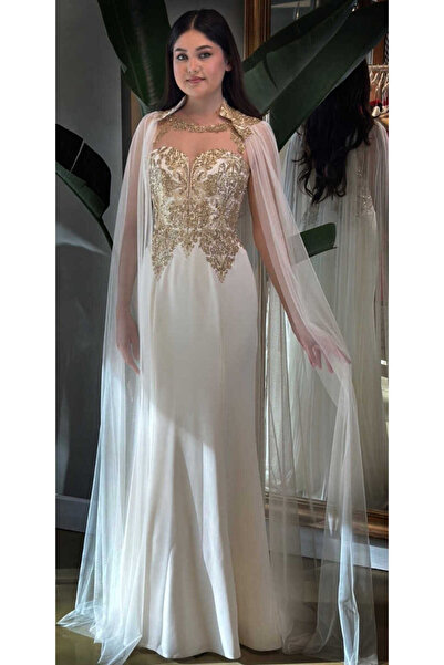 Abiyeniall Krem Dantel Detaylı Balık Etekli Krep Uzun Abiye Elbise 6467