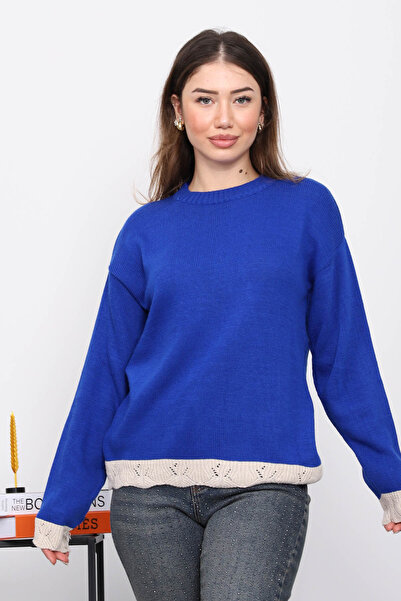 İmajButik Cobalt Blue Crew Neck Knitwear Sweater with Guipure Detail on Sleeves and Hem