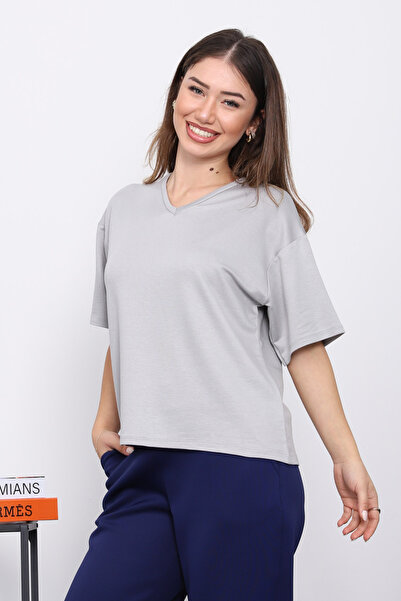 İmajButik Gray V-Neck Short Sleeve T-Shirt