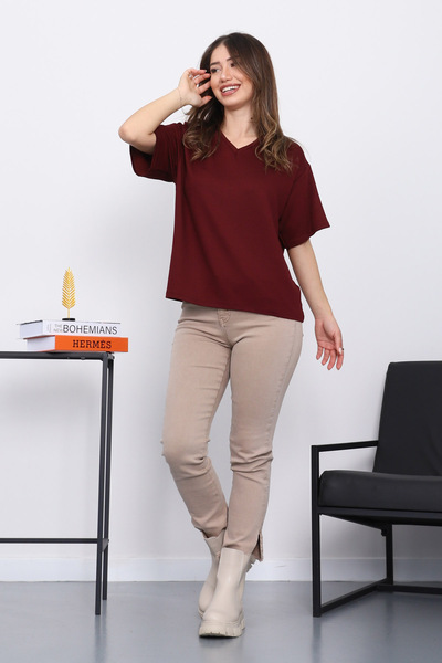 İmajButik Burgundy V-Neck Short Sleeve T-Shirt