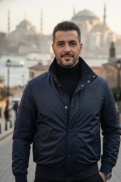 YusGos Men's Windproof and Waterproof High Quality m Transitional Snap Fastener Jacket with Knitted Detail on the Collar