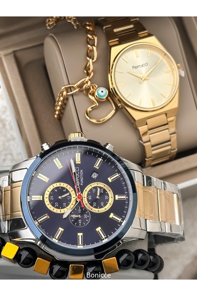 Ferrucci Marka Çelik Kordon, Sarı Renk, Çift Sevgili Saatleri + Tesbih Bileklik