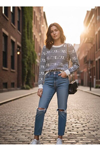 YusGos Women's Crew Neck Steel Mesh Striped Lettering High Quality Knitwear Sweater