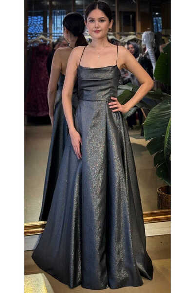 Abiyeniall Siyah Degaje Yaka İp Askılı Sırt Dekolteli Kloş Etekli Saten Uzun ...