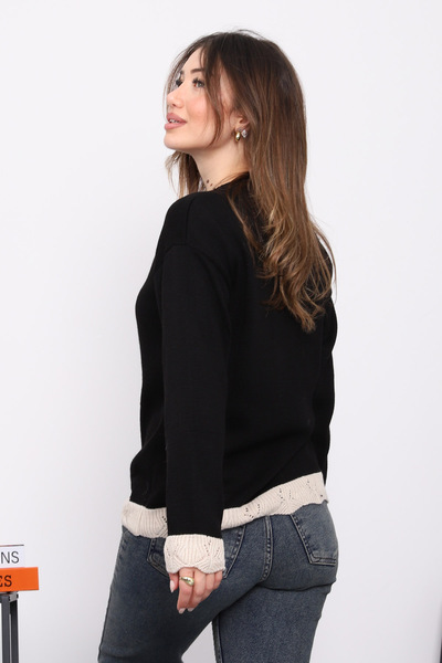 İmajButik Black Crew Neck Knit Sweater with Guipure Detail on Sleeves and Hem