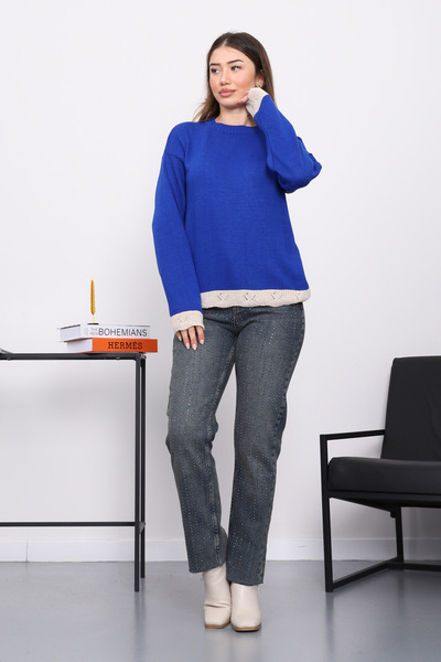 İmajButik Cobalt Blue Crew Neck Knitwear Sweater with Guipure Detail on Sleeves and Hem