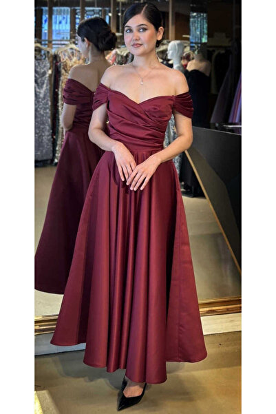 Abiyeniall Vişne Madonna Yaka Kloş Etekli Saten Midi Abiye Elbise 7672