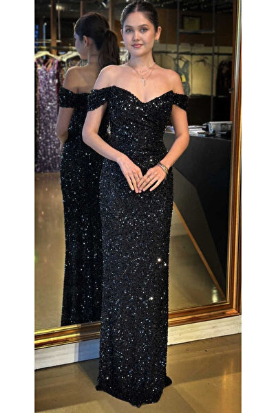 Abiyeniall Siyah Madonna Yaka Düz Kesim Payet Uzun Abiye Elbise 11085