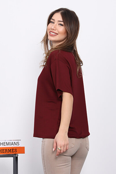 İmajButik Burgundy V-Neck Short Sleeve T-Shirt