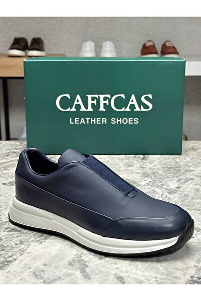 Caffcas حذاء رجالي رياضي كاجوال مصنوع يدويًا من الجلد الطبيعي باللون الأزرق ا...