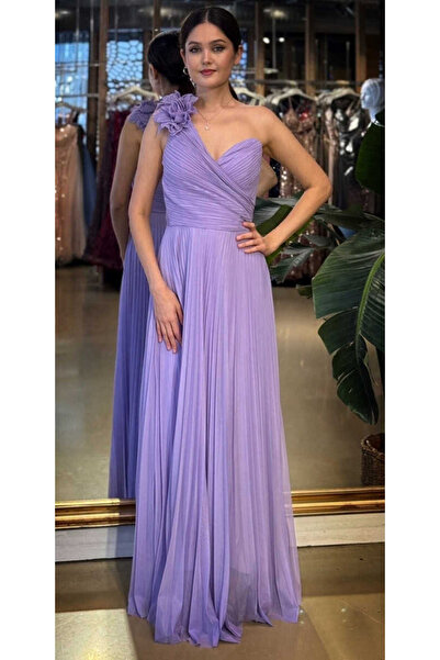 Abiyeniall Lila Tek Omuzlu Kloş Etekli Şifon Tül Uzun Abiye Elbise 11081-04