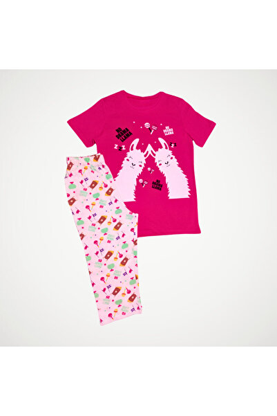 Newteam طقم بيجامة بناتي منقوشة بأكمام قصيرة مع بنطلون كابري 4305