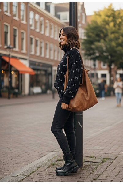 YusGos Women's Half Turtleneck Balloon Sleeve Oversized High Quality Winter Knitwear Sweater