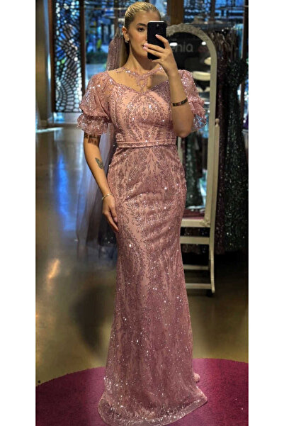 Abiyeniall Rose Balon Kollu Dantel Detaylı Düz Kesim Simli Uzun Abiye Elbise ...