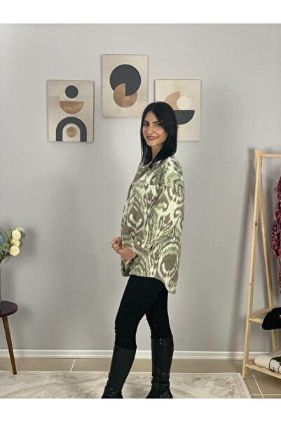 YusGos Women's Single Pocket Patterned Thick Lumberjack Jacket Shirt (Khaki-White) Standard Khaki