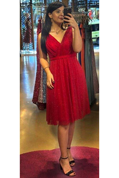 Abiyeniall Kırmızı Kalın Askı Kloş Etekli Simli Kısa Abiye Elbise 7119