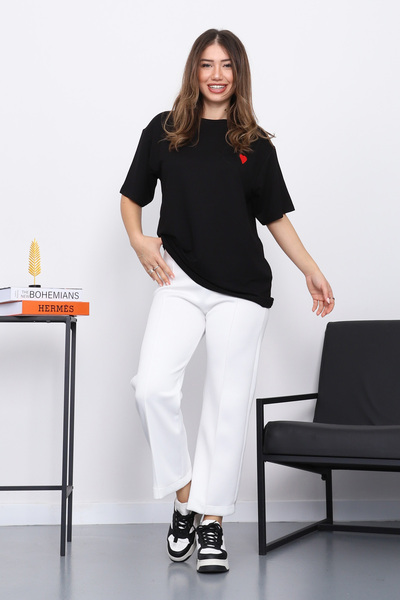 İmajButik Black Embroidered Short Sleeve Modal T-Shirt