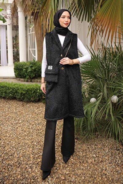 İmajButik سترة من الفرو الأسود المخملي من نوع أنجورا هاديلي