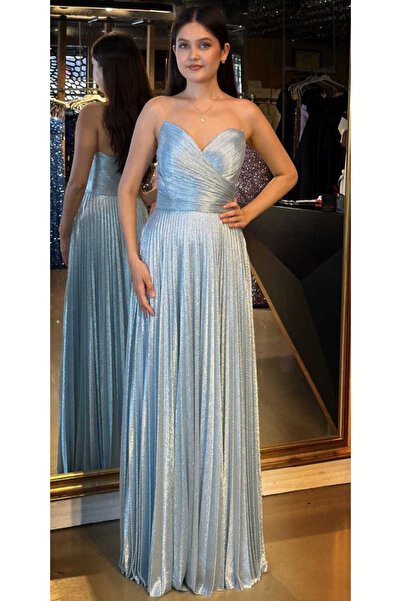 Abiyeniall Mavi Straplez Yaka Kloş Etekli Jakarlı Uzun Abiye Elbise 11080