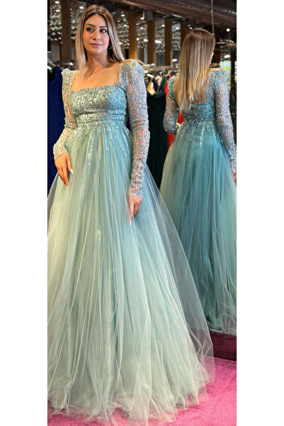 Abiyeniall Mátové dlouhé večerní šaty s dlouhým rukávem a rozšířenou sukní z tylu 7352