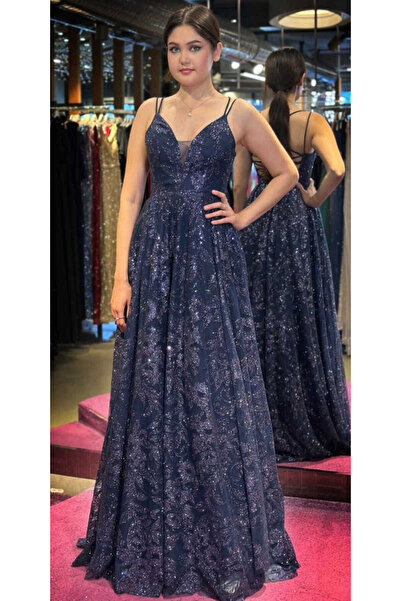 Abiyeniall Lacivert  İp Askılı  Sırt Dekolteli  Kloş Etekli Simli Uzun Abiye ...