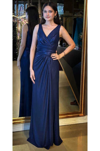 Abiyeniall Lacivert Kalın Askı V Yaka Anvelop Yırtmaçlı Düz Kesim Simli Uzun Abiye Elbise 11074