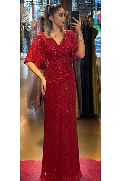 Abiyeniall Kırmızı Kısa Kollu Düz Kesim Payet Uzun Abiye Elbise 7572