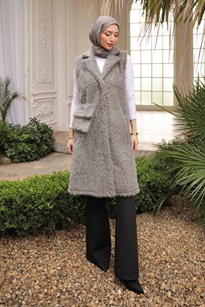 İmajButik Smoked Bag Angora Plush Fur Vest with Gift